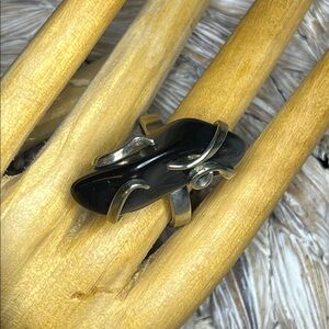 Modernist Black Stone and Silver Tone Ring